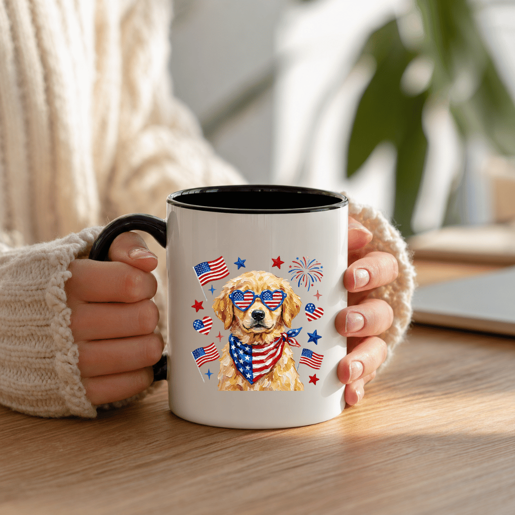 Patriotic Golden Retriever Accent Mug – 4th of July Gift for Dog Mom, Dog Lover Mug - lifestyle view